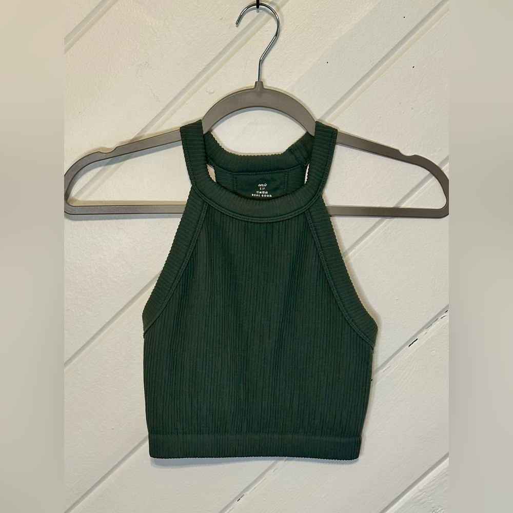 Aerie Superchill High Neck Bra Top in Royal Palm, Size Small